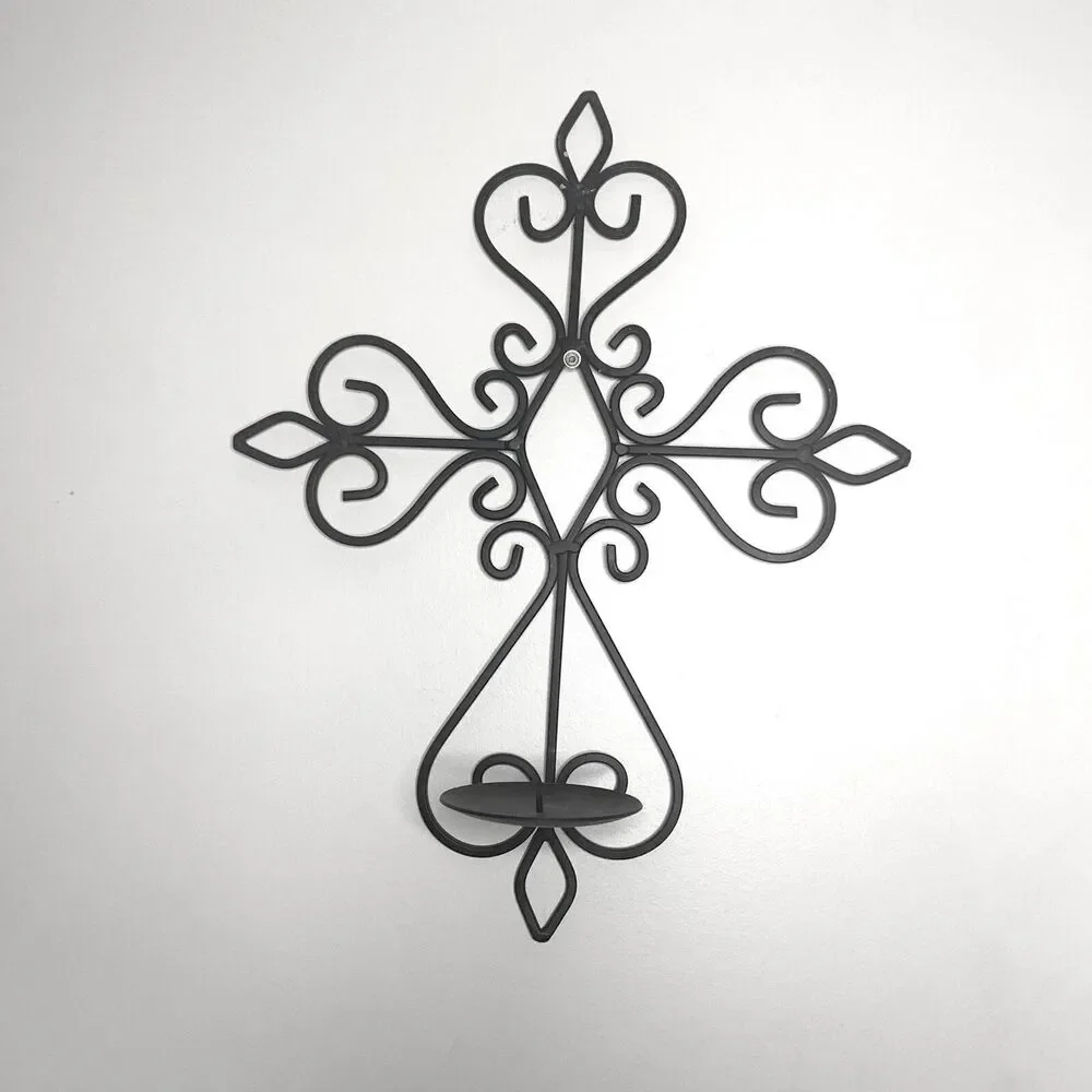 Cast Iron‎ ornate decorative religious Cross candle holder indoor outdoor decor